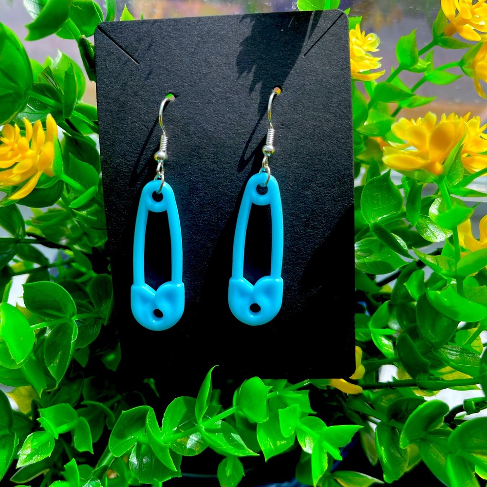 Blue safety pin earrings